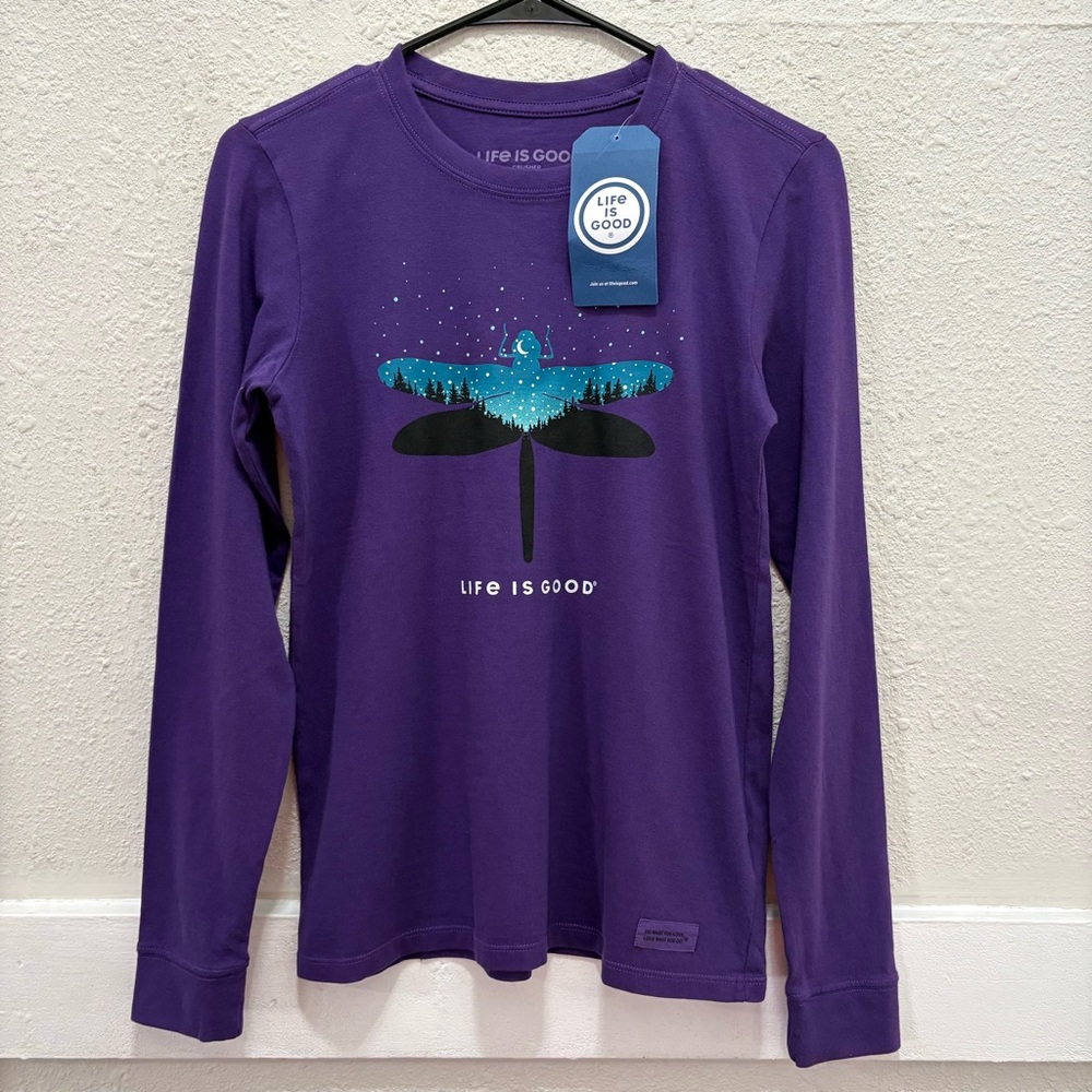 Life is Good Celestial Dragonfly Landscape Long Sleeve Crusher Tee Purple NEW XS